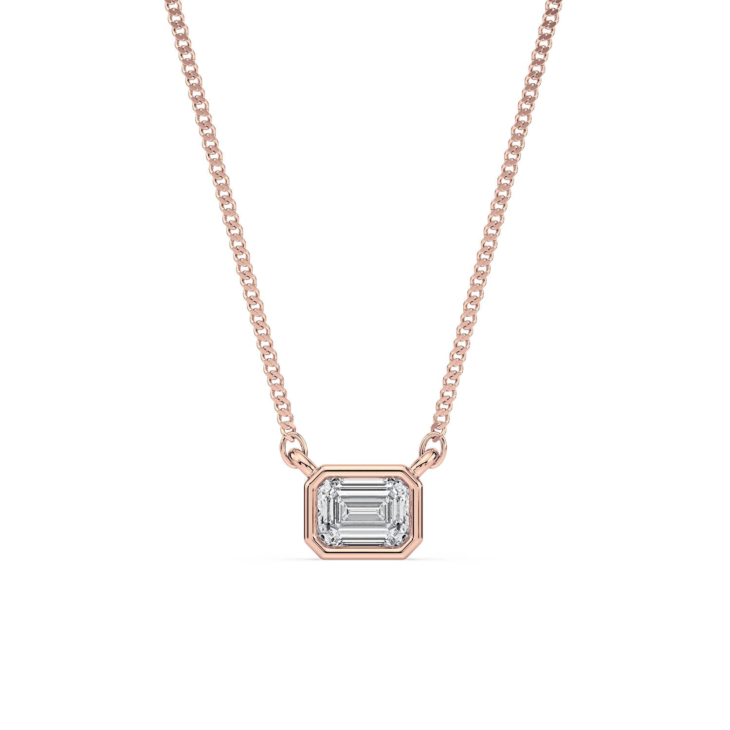 BEZEL-SET EMERALD CUT DIAMOND PENDANT/NECKLACE in 18ct Rose Gold