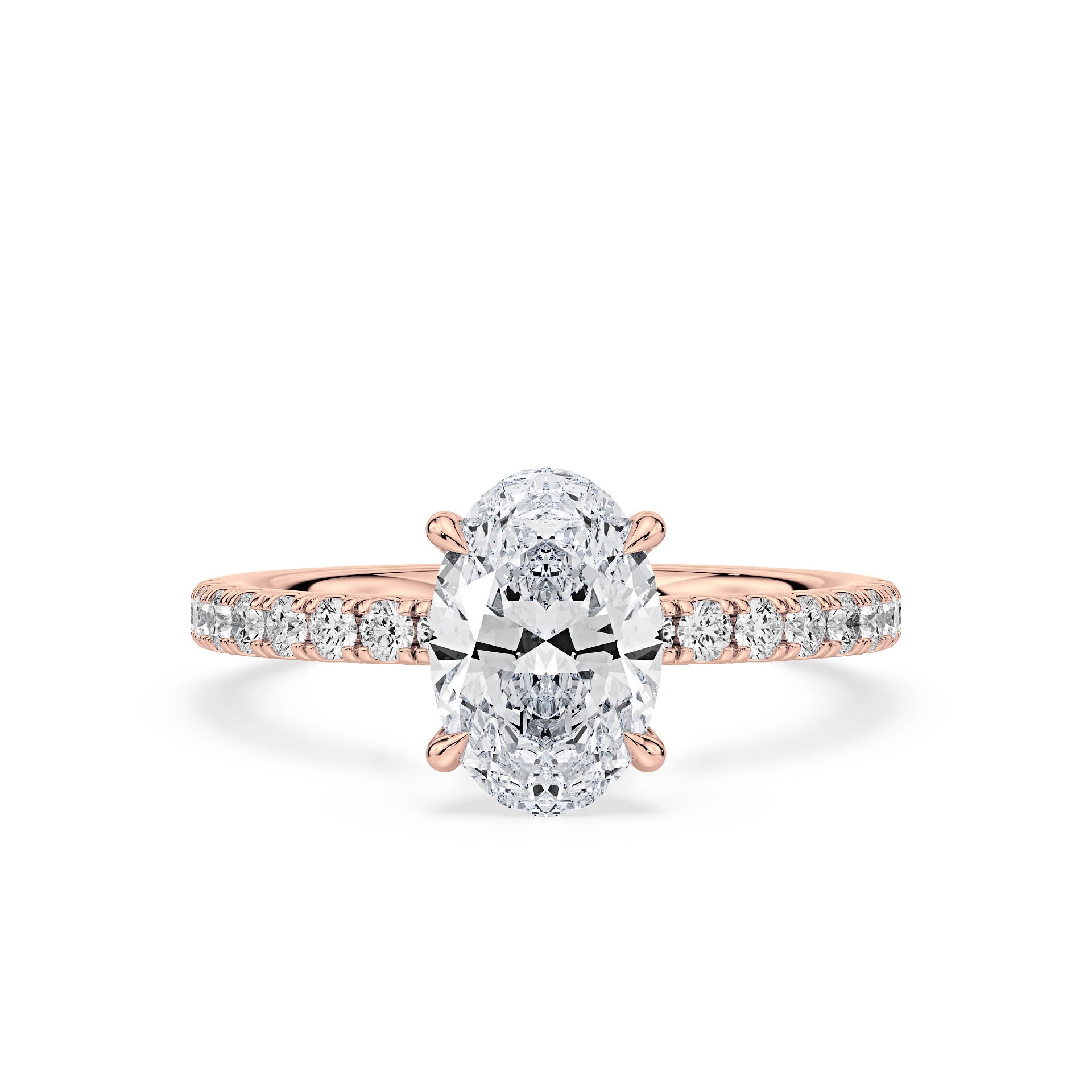 4-CLAW SOLITAIRE OVAL DIAMOND ENGAGEMENT RING WITH SMALL ROUND SHOULDER DIAMONDS AND HIDDEN HALO in 18ct Rose Gold