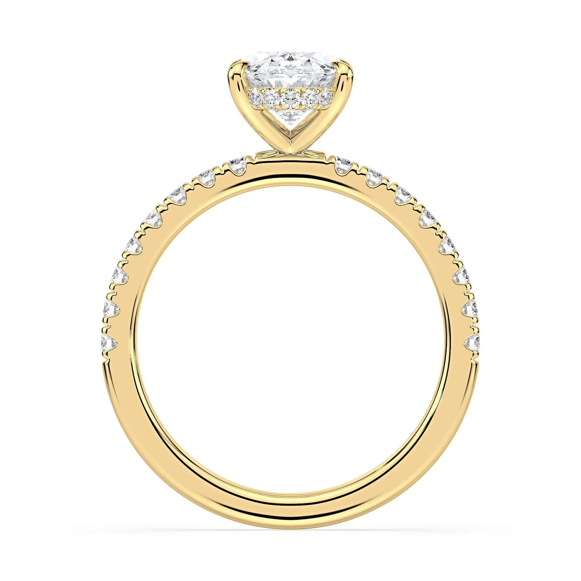 4-CLAW SOLITAIRE OVAL DIAMOND ENGAGEMENT RING WITH SMALL ROUND SHOULDER DIAMONDS AND HIDDEN HALO in 18ct Yellow Gold
