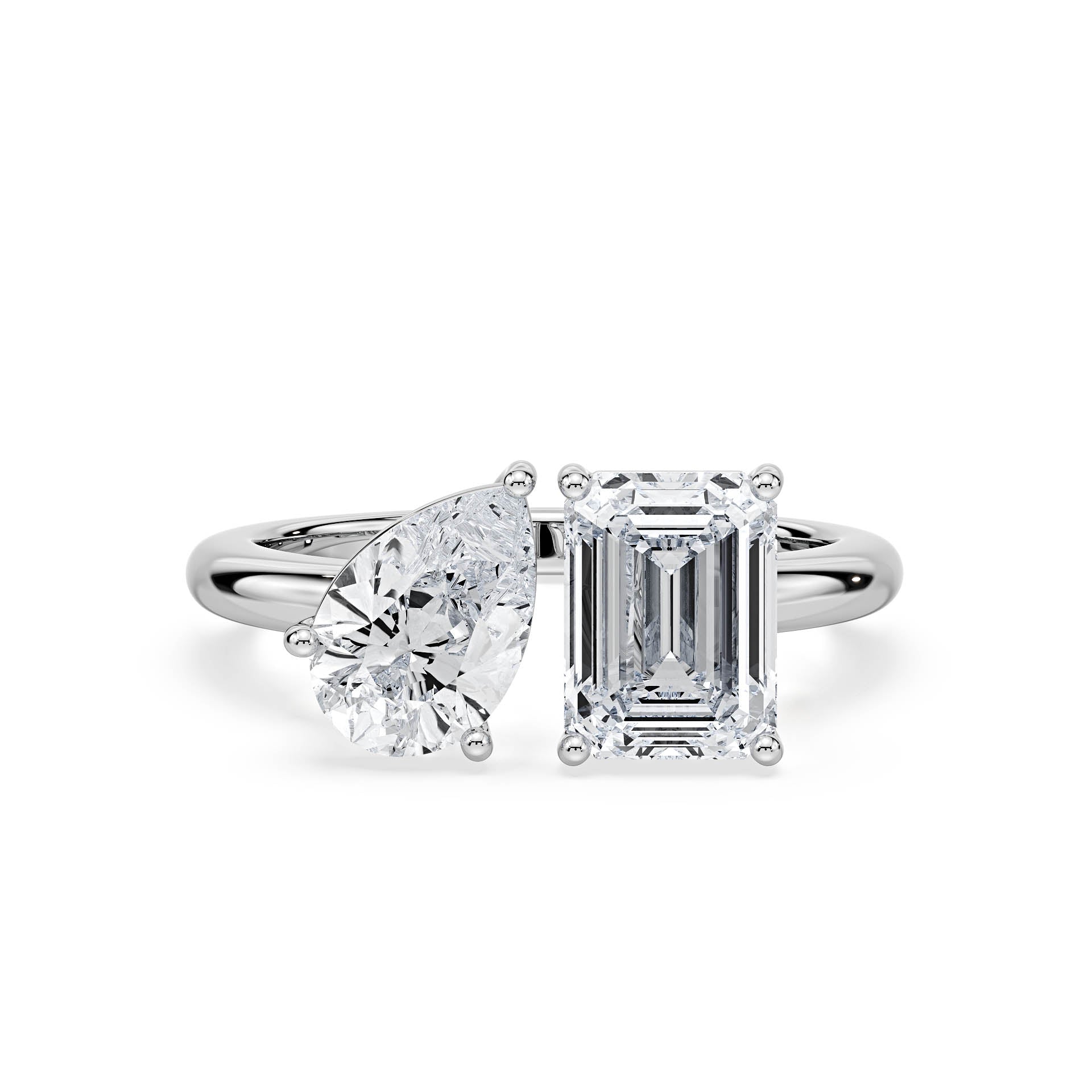 3 AND 4-CLAW TOI ET MOI PEAR-SHAPED AND EMERALD-CUT DIAMOND ENGAGEMENT RING in 18ct White Gold