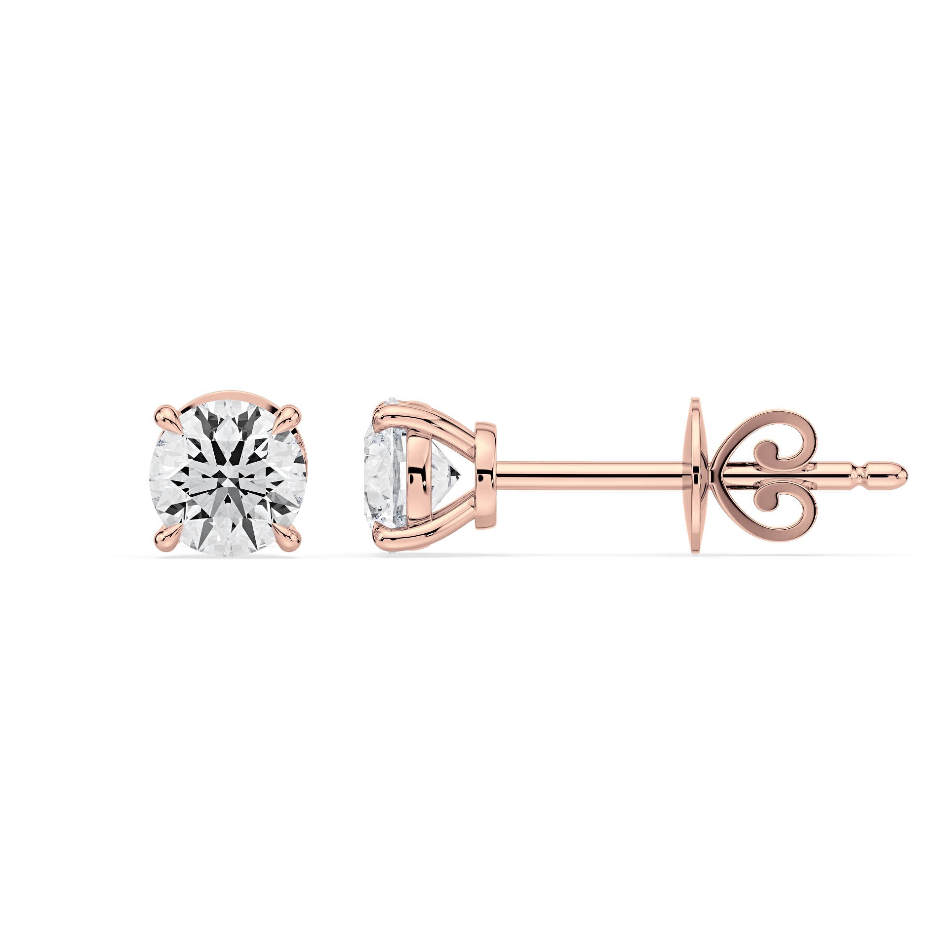 4-CLAW ROUND DIAMOND STUD EARRINGS W/PUSH BACK BUTTERFLIES in 18ct Rose Gold