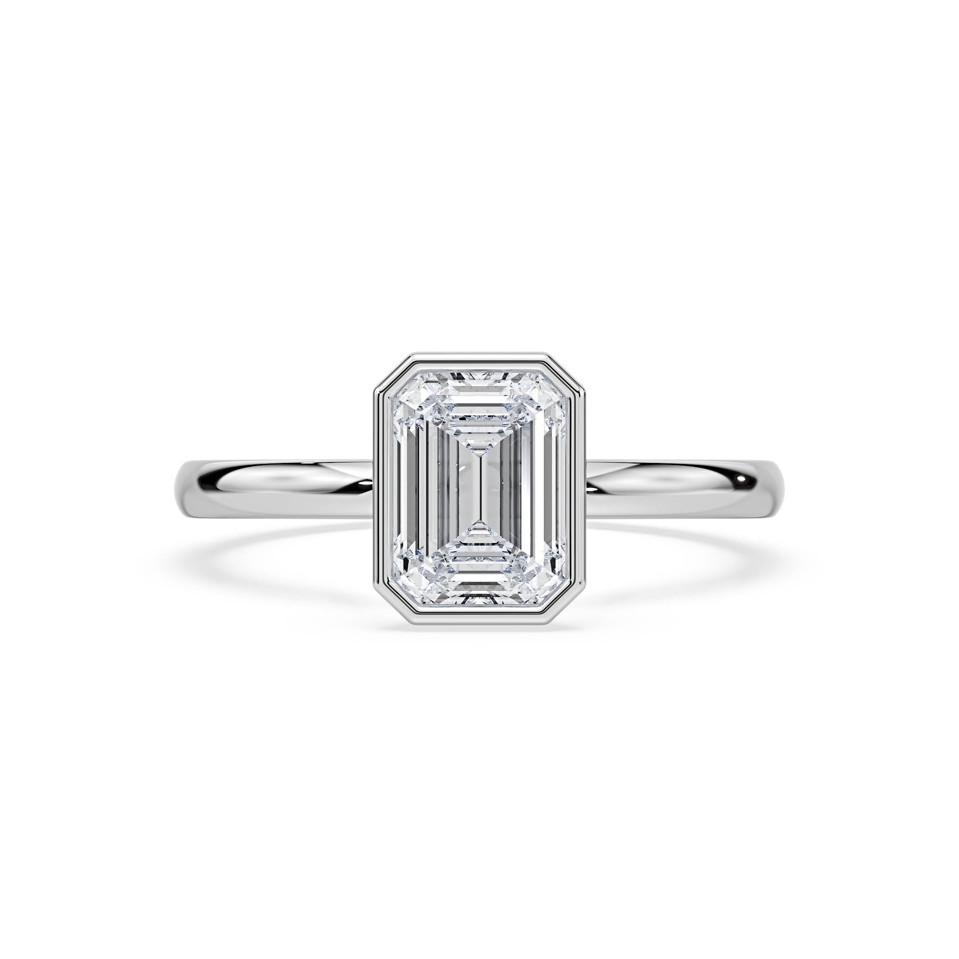 BEZEL SET SOLITAIRE EMERALD CUT DIAMOND ENGAGEMENT RING in 18ct White Gold