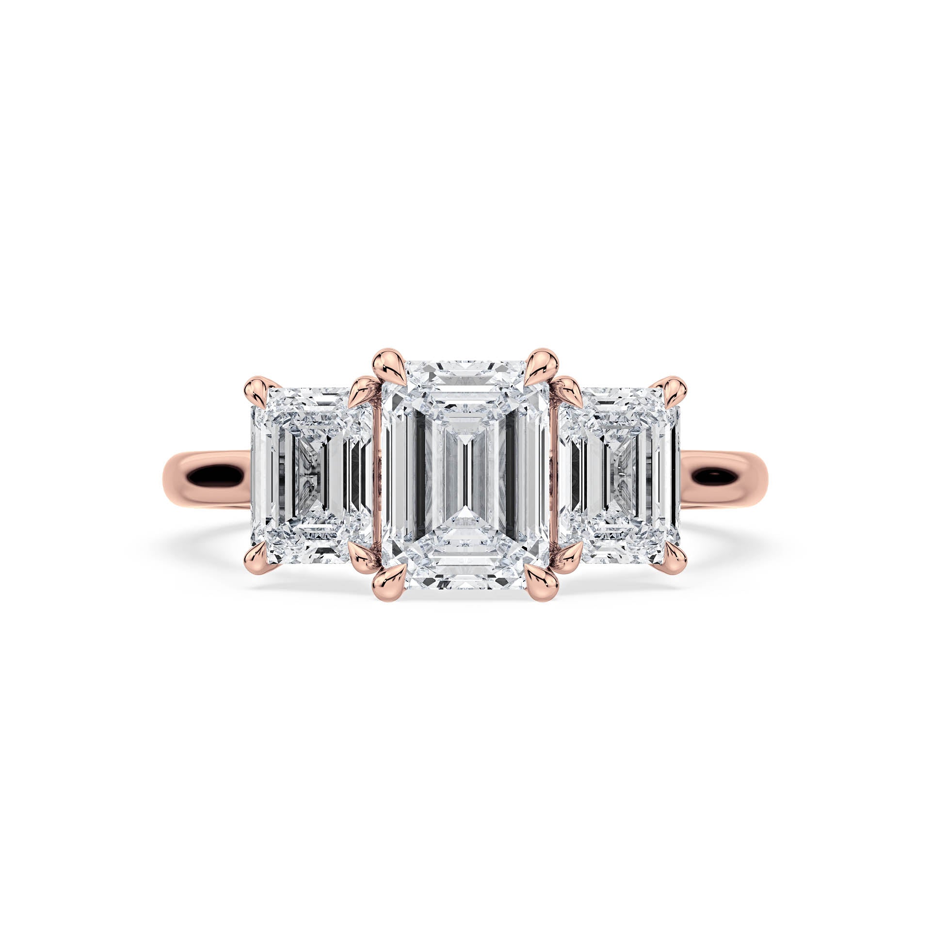 3-STONE 4-CLAW CATHEDRAL EMERALD CUT DIAMOND ENGAGEMENT RING in 18ct Rose Gold