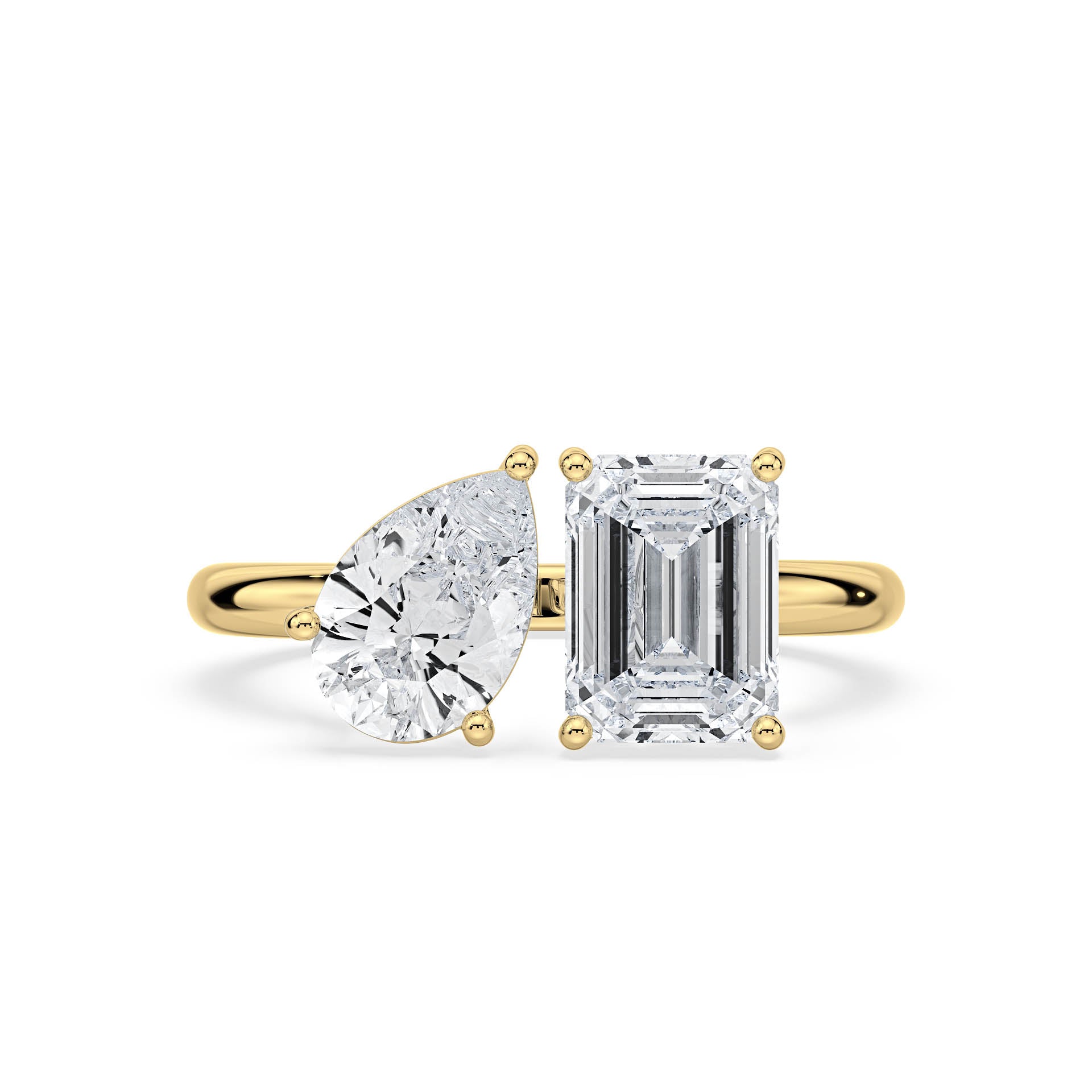 3 AND 4-CLAW TOI ET MOI PEAR-SHAPED AND EMERALD-CUT DIAMOND ENGAGEMENT RING in 18ct Yellow Gold